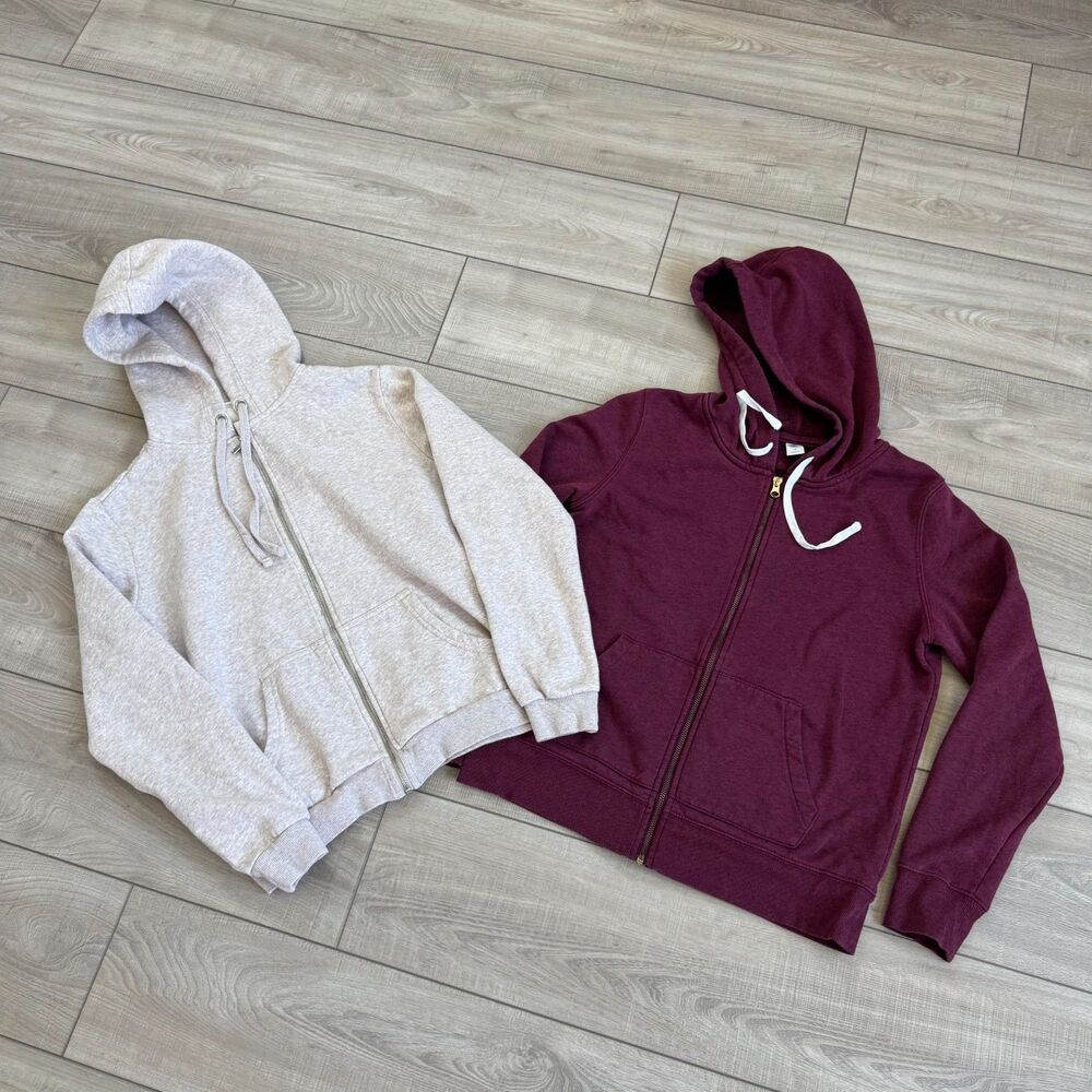 Lot of 2 Basic Women's Beige & Burgundy Hooded Drawstring Zip Up Sweatshirt, M